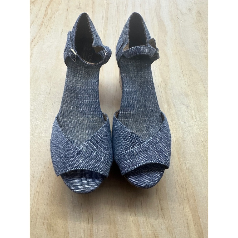TOMS Womens Blue Chambray Cork Platform Wedge Sandals Ankle Strap Size 9.5